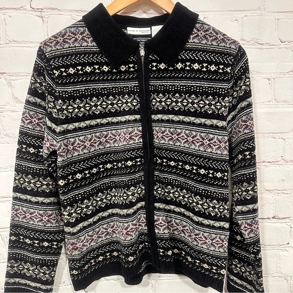 Vintage women’s cardigan sweater size medium petite  zip front stretchy black - Picture 1 of 9